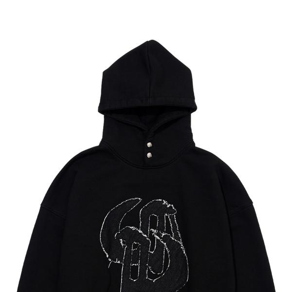 WASHED DENIM APPLIQUE  SHORT HOODIE_BLACK