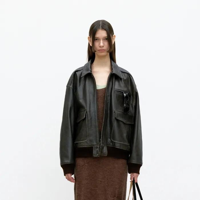 빈티지 카우 스킨 오버사이즈 레더 점퍼 (다크브라운)