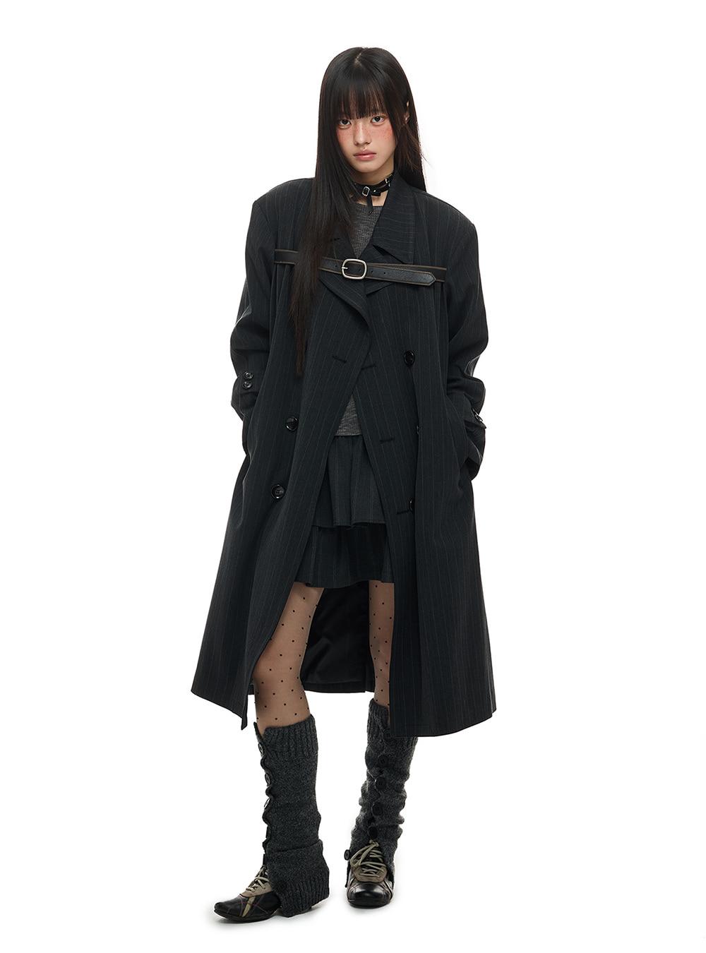 Belted Pinstripe Long Coat