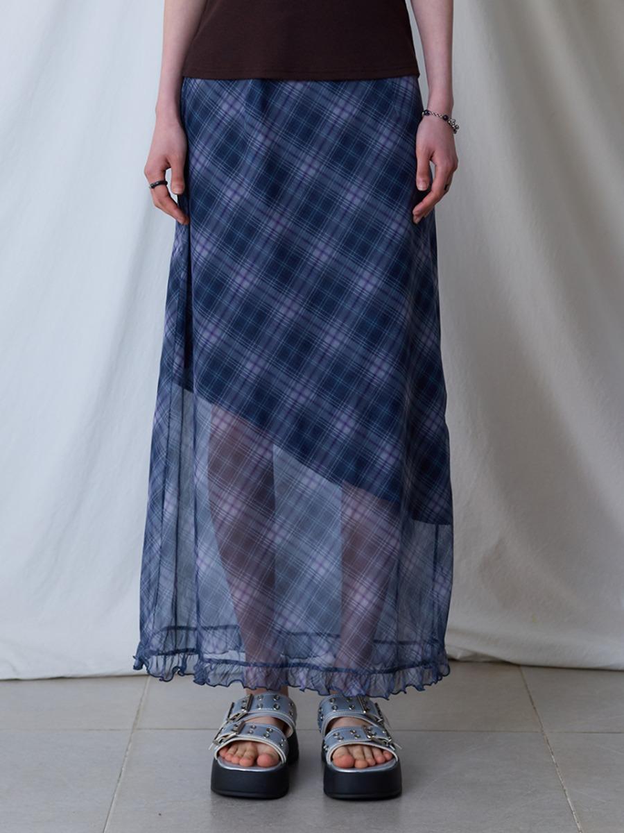 L17 FRILL CHECK LONG SKIRT(NAVY)