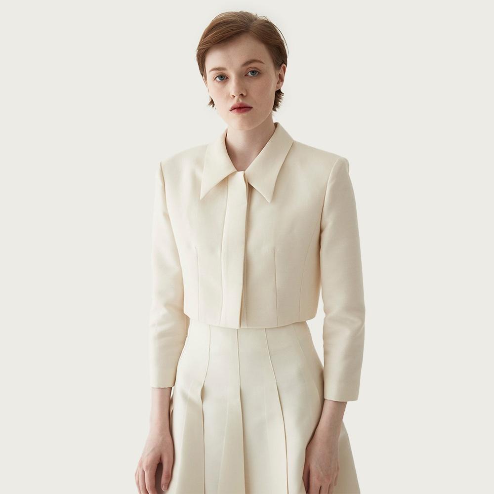 Cropped Silk Wool Tailored Jacket- Ivory