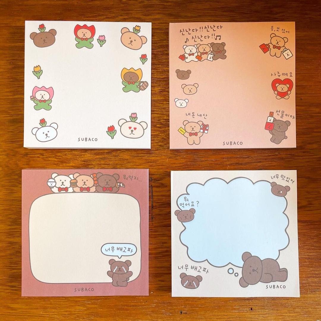 [수바코] 곰돌이왕 메모지 4종, 곰 떡메모지 귀여운 모눈 노트 패드 떡매