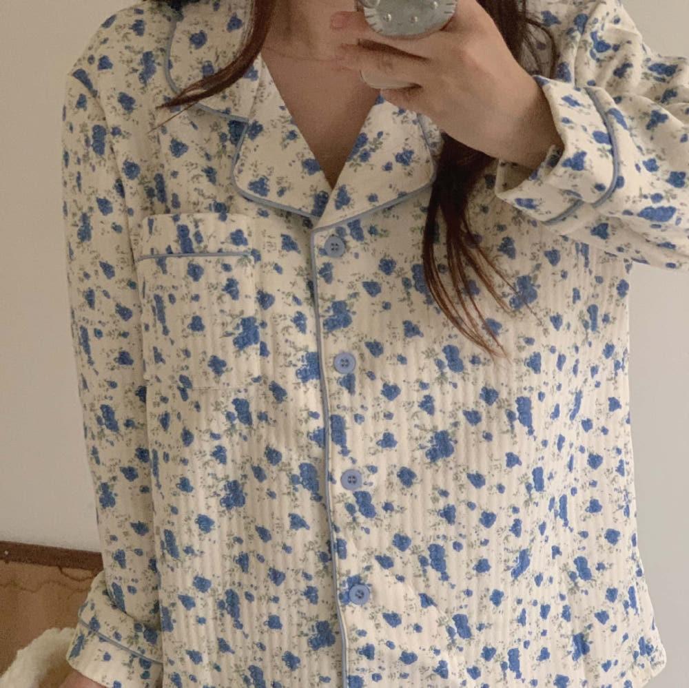 블루 아이스 플라워 누빔 잠옷 파자마 세트 꽃  따뜻한 겨울