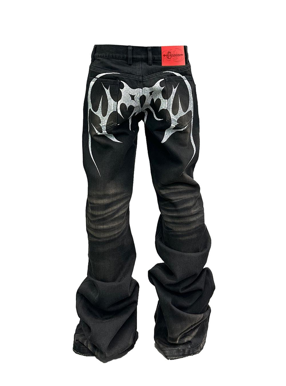 [PCCVISION] Skull Graphic Washed Black Jeans