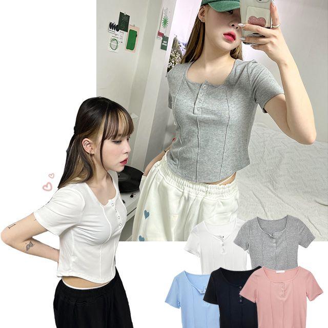 [주문폭주/당일발송] 라인 숏 버튼 크롭티(5colors)