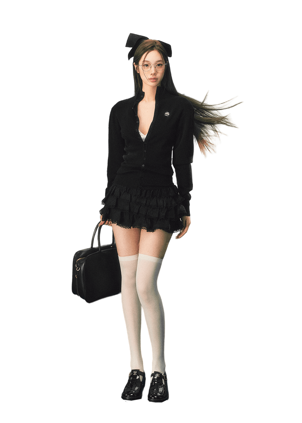 LLDC 'CUPID LOVE' Wool Turtleneck Buttoned Cardigan & Tiered Ruffle Lace Cloquet Miniskirt Set