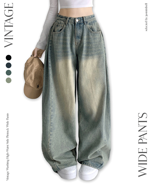 [기획/모델강추🖤/숏,롱/연청 추가!!] 올리브 2기장 빈티지 워싱 하이웨스트 로우 사이드 핀턱 벌룬 데님 와이드 팬츠 청바지 키작녀 키큰녀 하비추천 빅사이즈 사계절팬츠