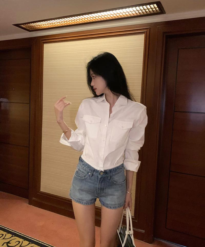 코튼 화이트 포켓 카라셔츠