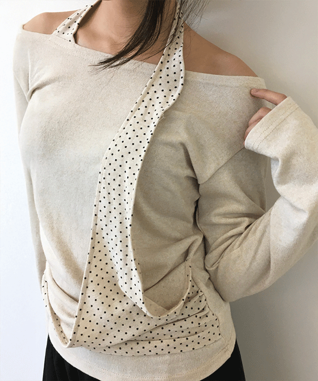 포하우스 [여리핏/일체형/부들소재] 스텔 도트 홀터 랩 긴팔티