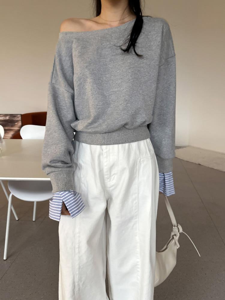 안나 오프숄더 스트라이프 셔츠 레이어드 크롭 맨투맨