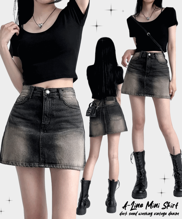[국내고퀄] 다크 샌드  A라인 데님 미니 스커트
