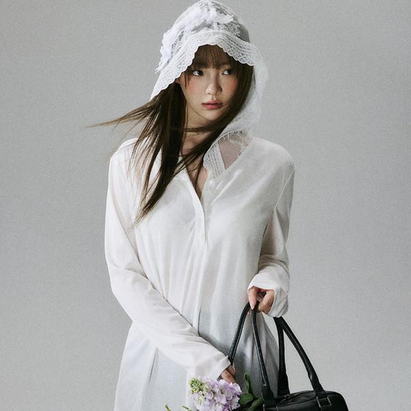 Lace Hood Sheer Henley Top