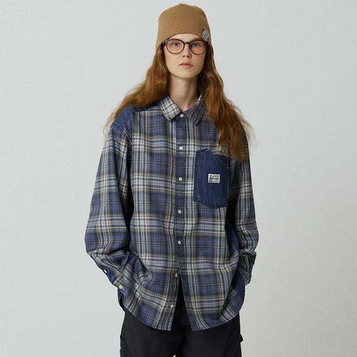 [리오더] 레이버 2108 데님패치워크 오버핏 더스티블루 체크셔츠