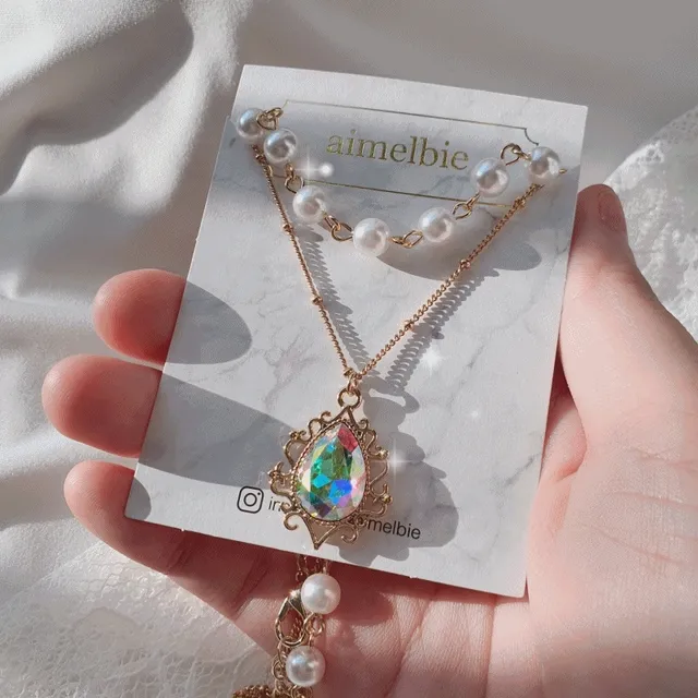 Magic Teardrops 물방울 크리스탈 진주 초커 레이어드 목걸이 - 오로라