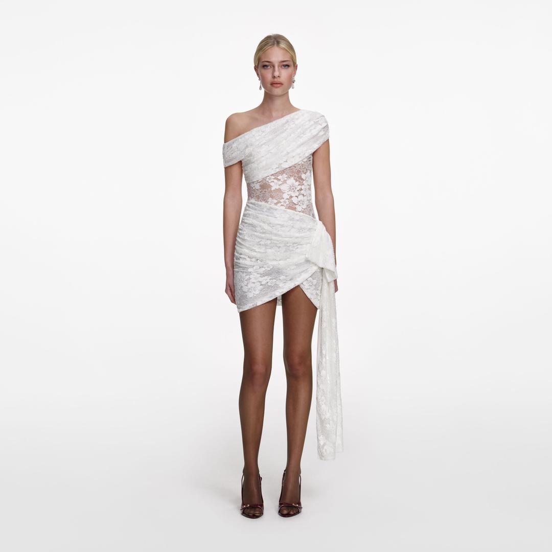 White Rhinestone Lace Tie Side Mini Dress - UK 4