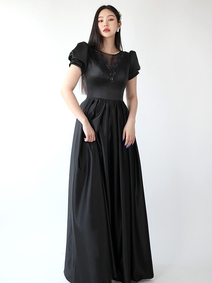 [한정수량 마감세일] 블랙 비즈 미카도실크 퍼프소매 셀프웨딩드레스 (S-6XL코르셋) 빅사이즈