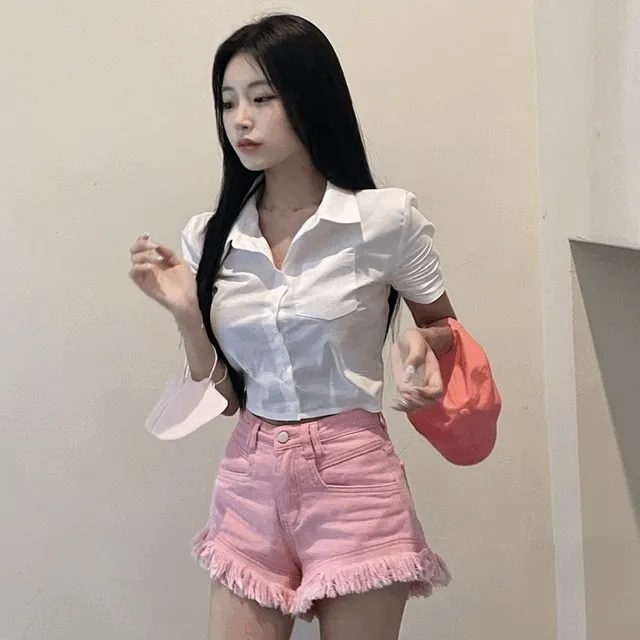 섹시 크롭 데일리 반팔 셔츠