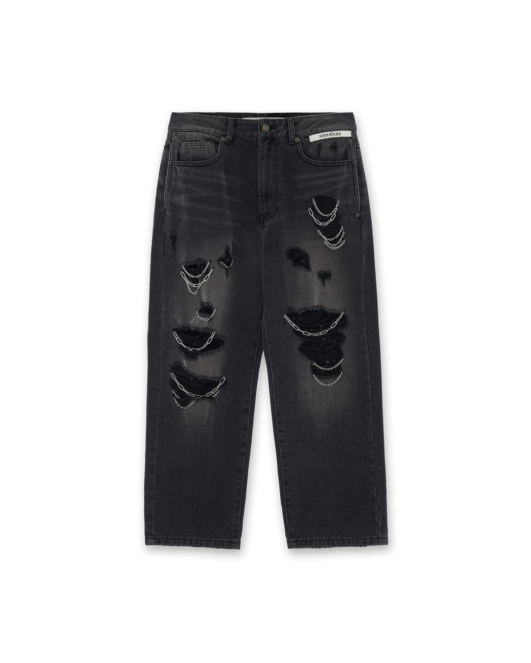 Chain Embellishment Destroyed Jeans (Black)
