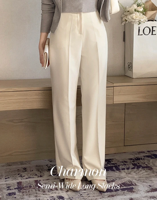 샤몬 세미와이드 롱 슬랙스(스트레이트/하이웨이스트/베이직/데일리룩/출근룩/오피스룩/하객룩/격식룩)