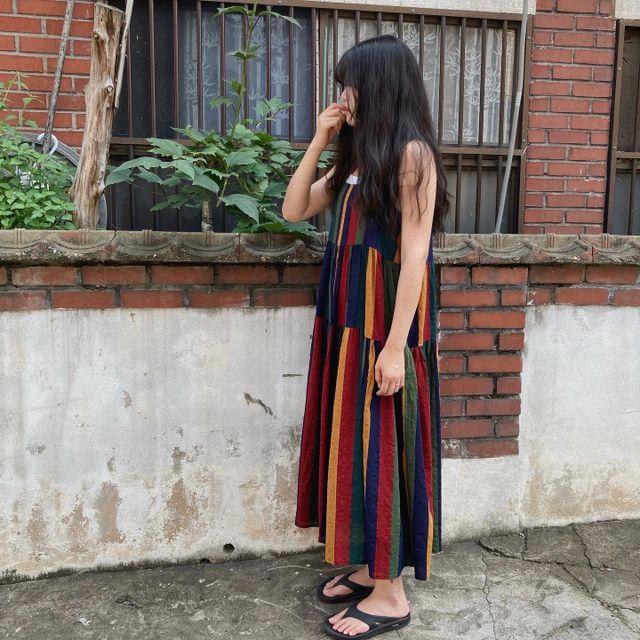 [카코] 히피원피스 / 러블리 무드✿ 유니크 스트라이프 패턴 나시 배색 린넨 롱 원피스