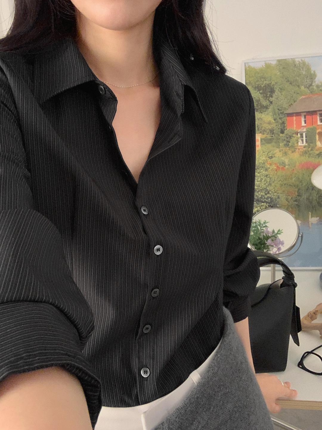 엘르 슬림핏 스트라이프 셔츠 (블랙), (free)