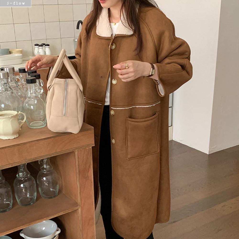 비넷 양털 카라 오버핏 무스탕 울 롱 코트 1col 겨울 울 도톰 루즈핏 덤블 제이플로우