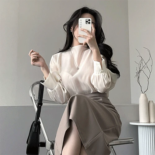 [끈SET/고급미✨] 가나다란 샤인 허리 끈 세트 시스루 여리핏 하객룩 쉬폰 블라우스 3color