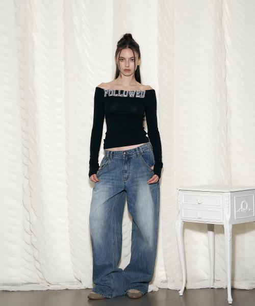 25Damaged Washing Wide Denim (Washed Blue)