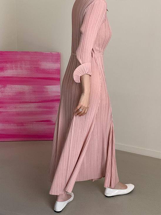[럭스] 라인 버튼 플리츠 롱 원피스