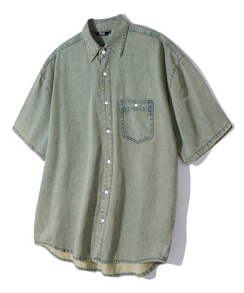 스톤 워싱 오버핏 데님 반팔 셔츠 (BEIGE BLUE)