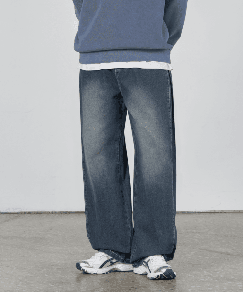 사이드 턱 스냅 버튼 와이드 데님 팬츠 [인디고]