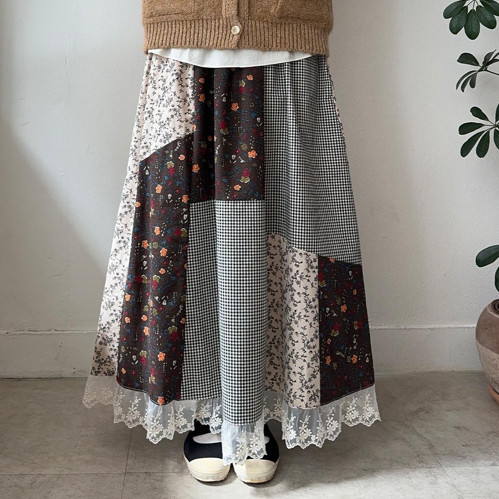 꽃 언발레이스 스커트 - 브라운 (88착용가능)