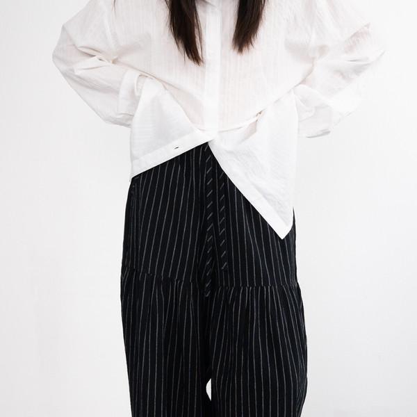 Shirring Striped Wide Pants (Black)