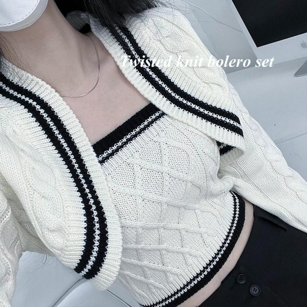 세트(할인)-꽈배기 배색 아이보리 블랙 니트 크롭 탑 볼레로 가디건 투피스 세트