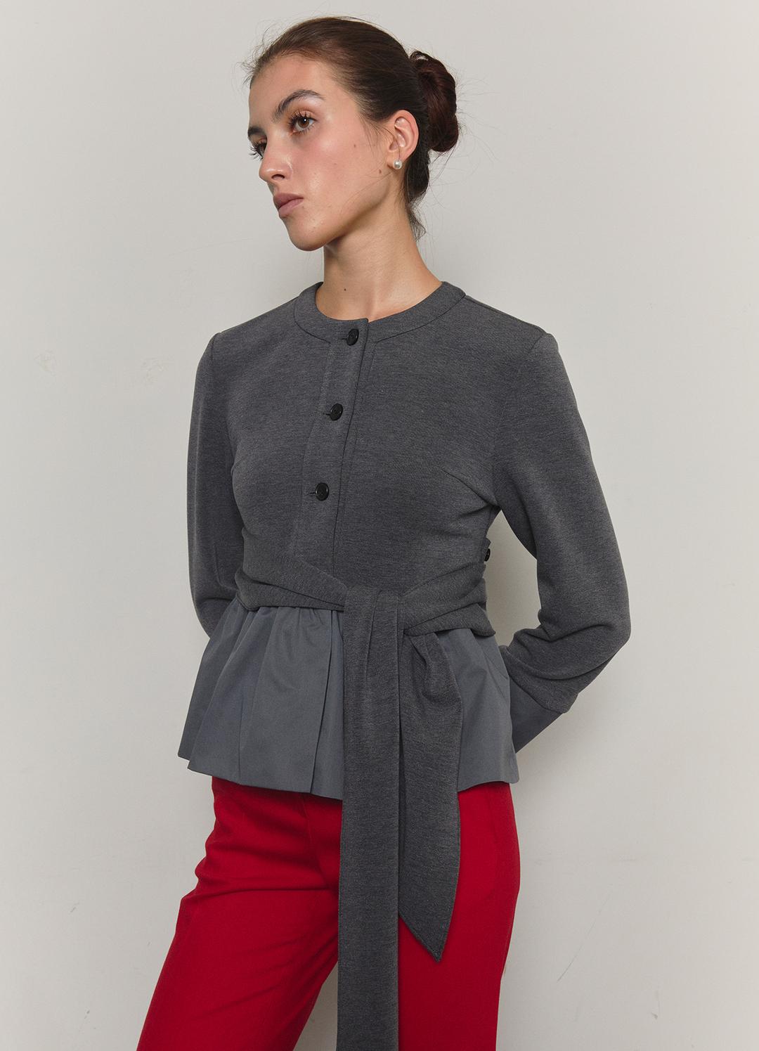 Bow Belted Jersey Peplum Blouse _ Grey