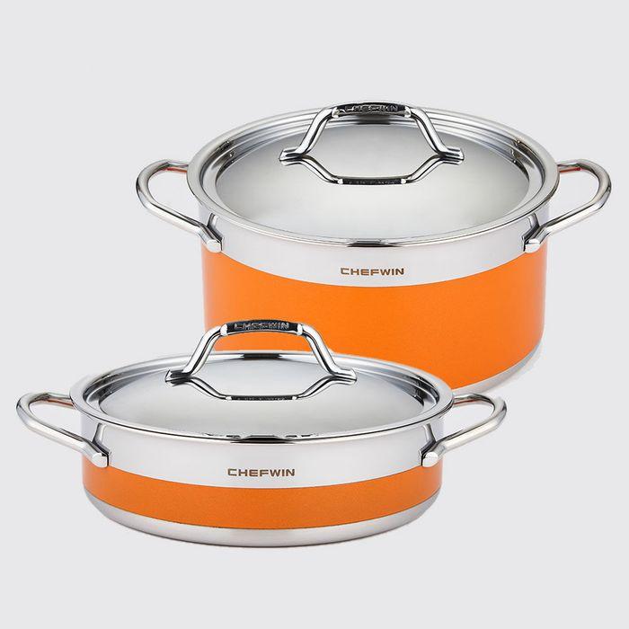 [SET] 304STS 통5중 컬러냄비 오렌지 24cm양수 + 24cm전골