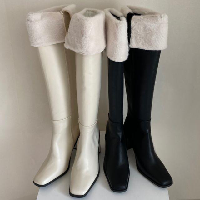 러넨 페이크 퍼 롱부츠힐 ( 8cm 배색 털 )
