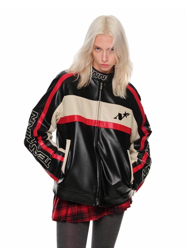 1JINN STUDIO Contrast Embroidery Moto Jacket (2 colors)