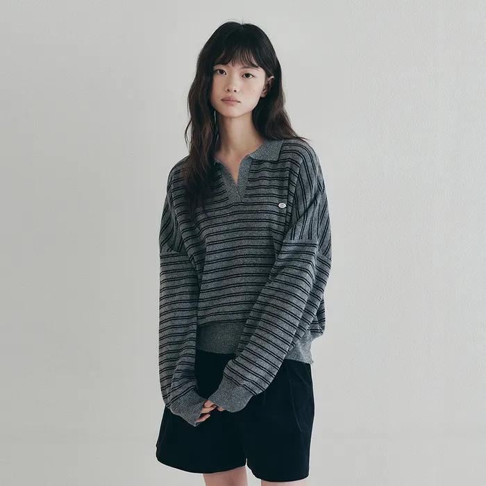 스트라이프 카라 오버핏 니트 - 그레이