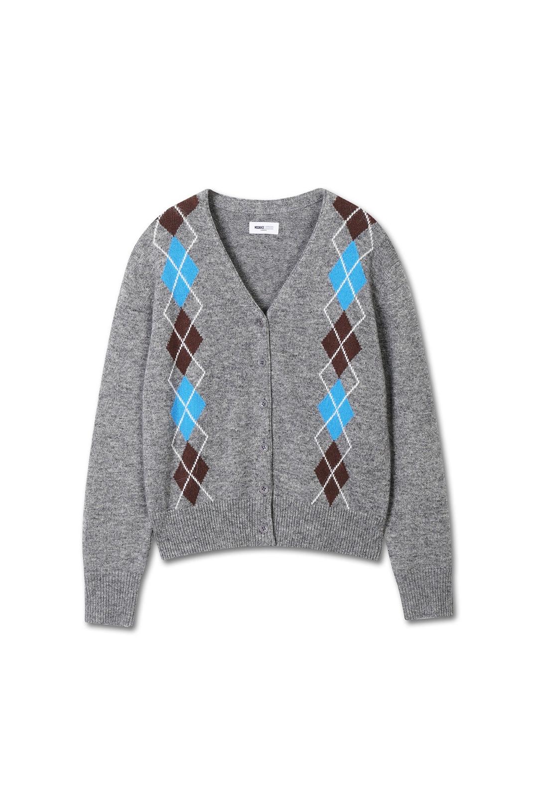 미치코런던 ARGYLE MERINO WOOL CARDIGAN MELANGE GREY