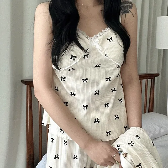 오늘출발 3피스 세트 브라캡 나시 가디건 바지 리본패턴 파자마 잠옷 세트