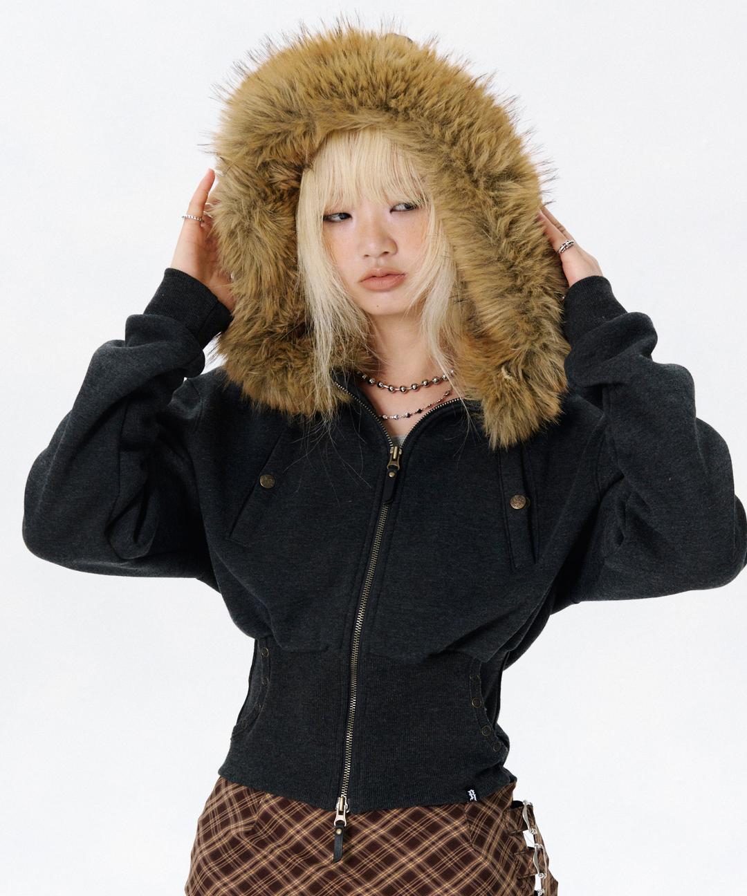 FUR ZIP UP HOODIE [CHARCOAL]