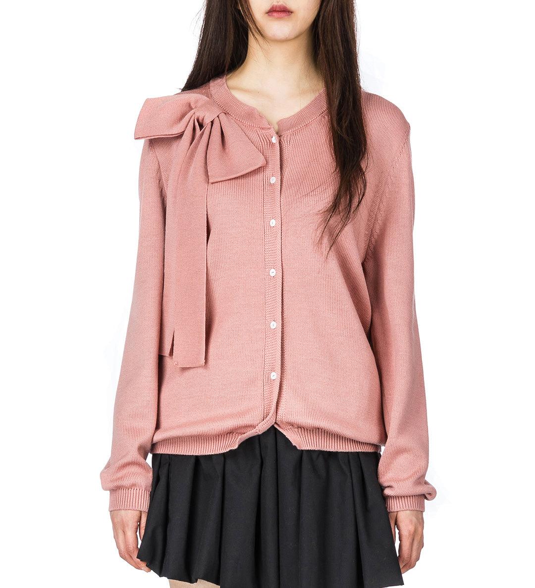 CLASSIC FRENCH KNITTED MERINO BOW CARDIGAN ROSE - M