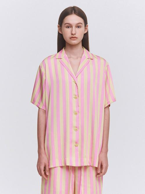 Wide Pajama Open Collar Half Shirt _ Stripe