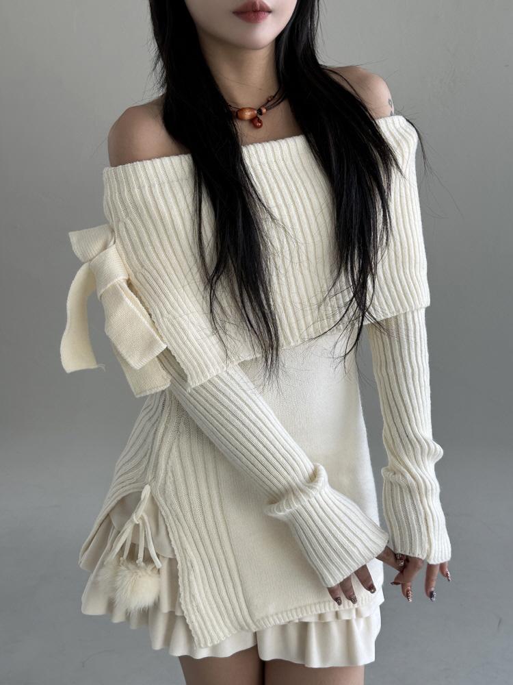 러블리 소피 리본 폼폼 퍼 포인트 오프숄더 니트(3-5일 여유주문)