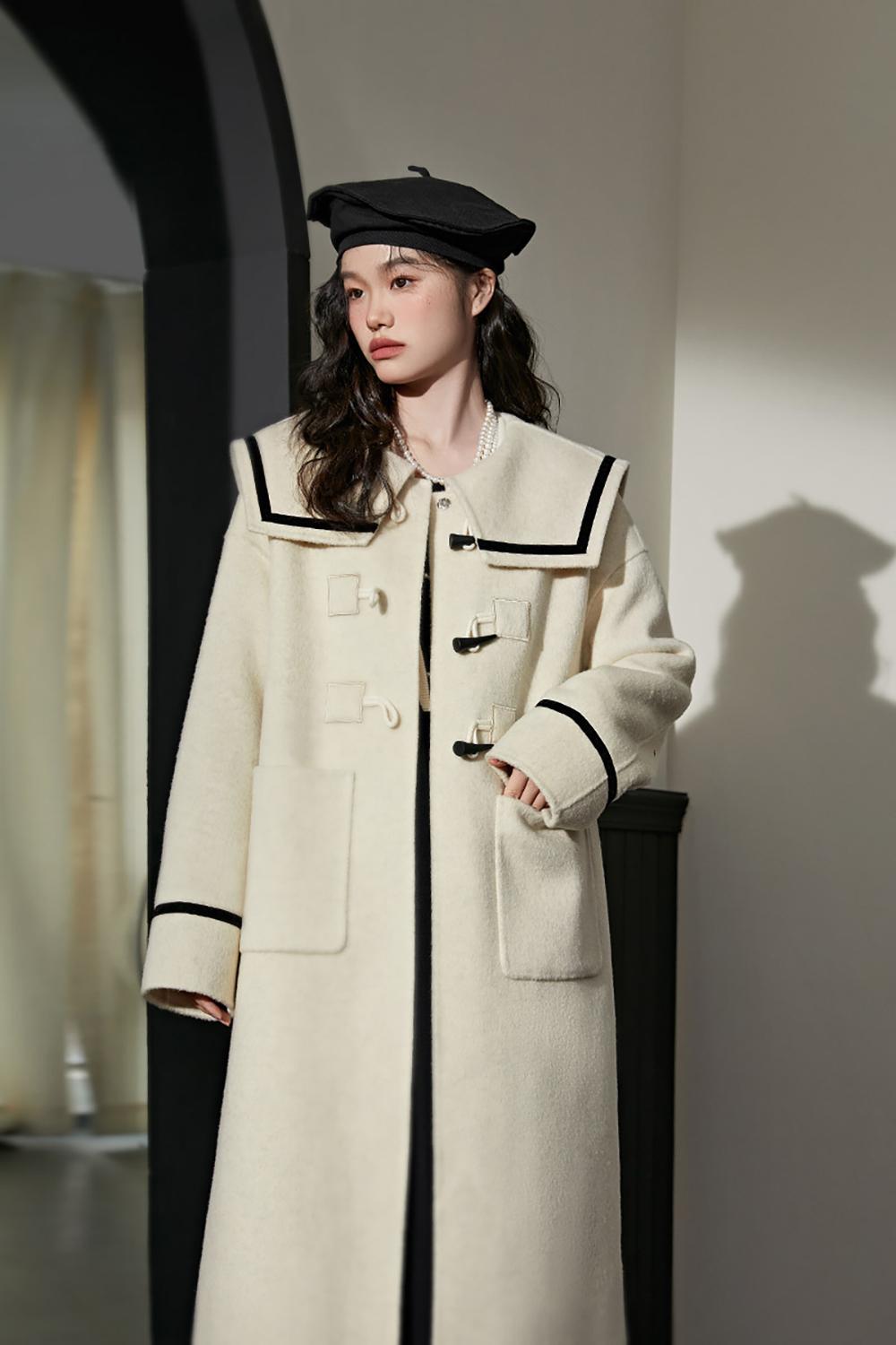 Pre sale-Horn button woolen coat women's 2022 winter new long lapel beige double-sided woolen coat