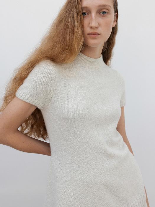 Baby Alpaca Asymmetric Hem Half Sleeeve Pullover_Tea