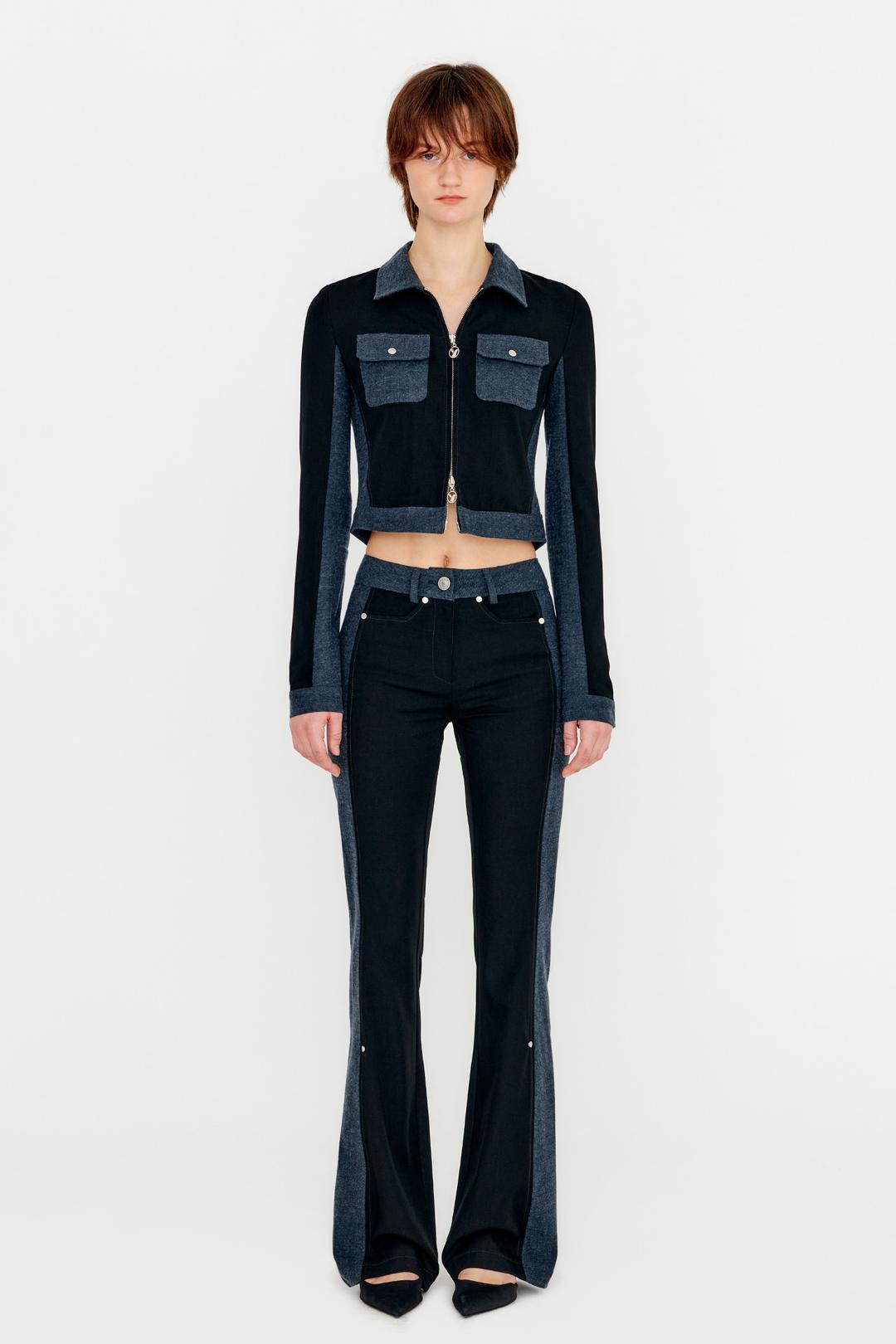[SAMPLE SALE] COLOR BLOCK SLIM BOOTS CUT PANTS - BLACK
