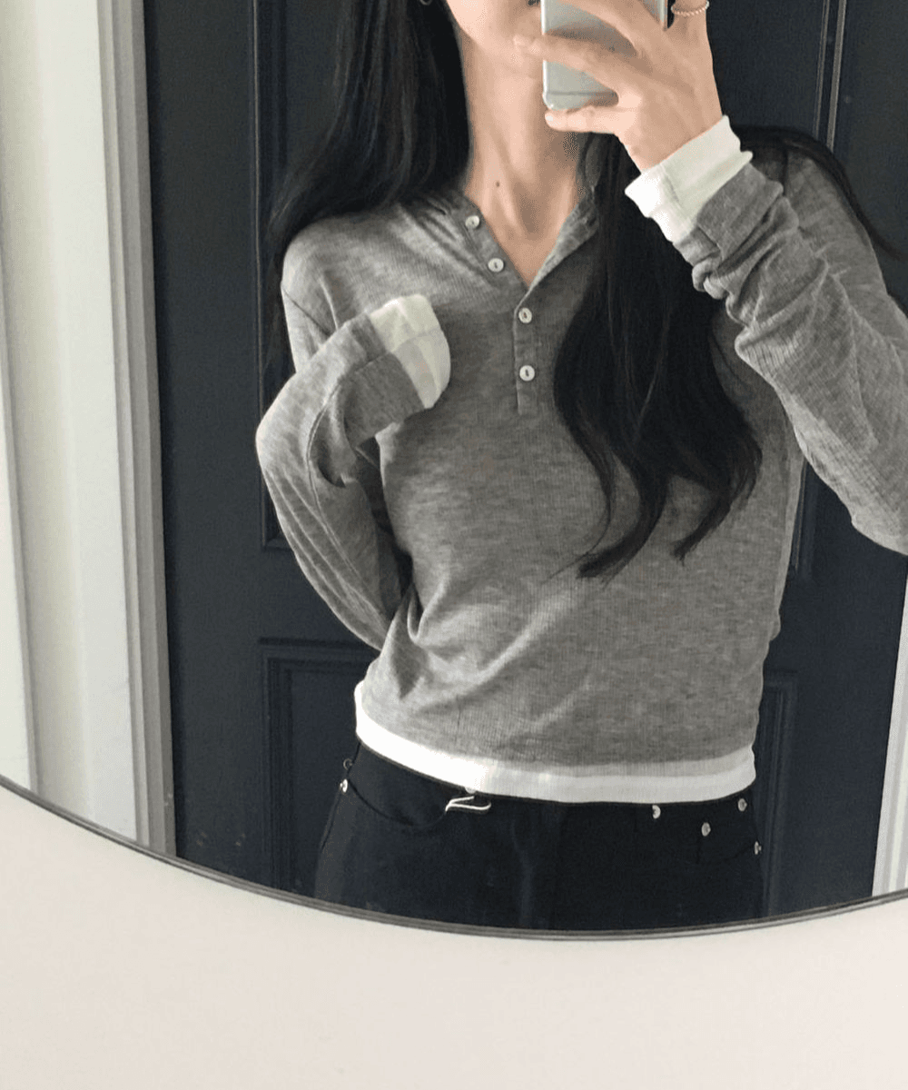 아모로소 타임 레이어드 후드 긴팔 티셔츠 (3color) [ 배색 버튼 슬림핏 버튼 긴팔티 봄 이너 데일리룩 ]