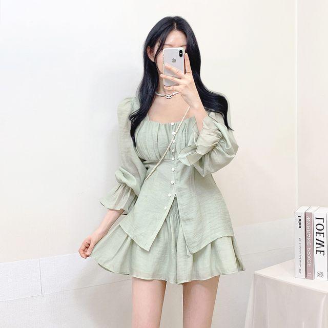 [*오늘!!당일출고*살안타템!!] 엘프 스퀘어넥 퍼프 쉬폰 블라우스 + 캉캉 치마 바지 세트 투피스